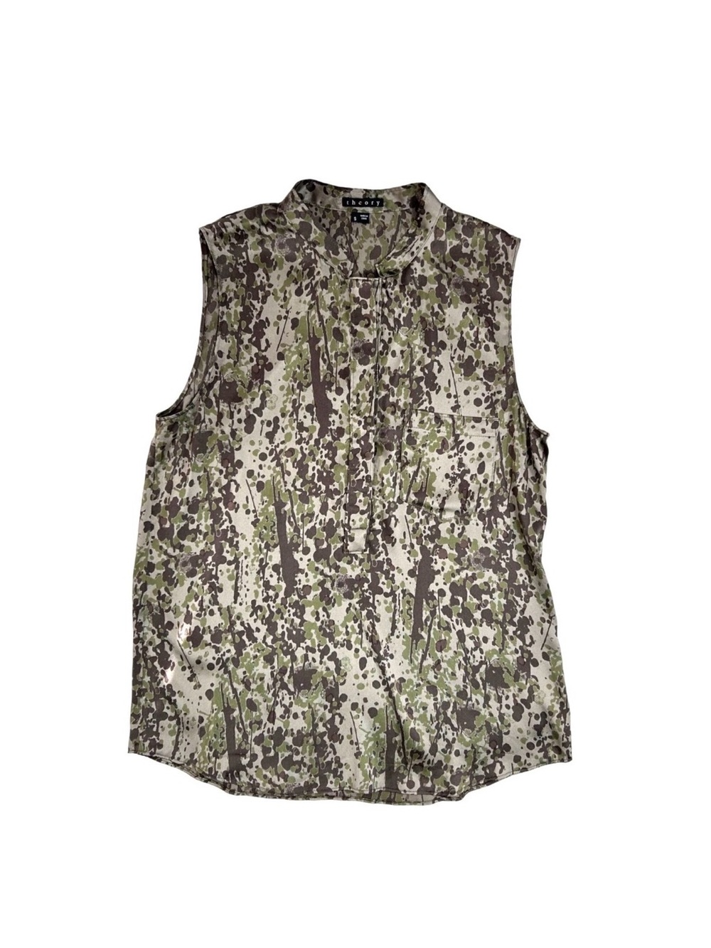 Theory Sleeveless Printed Blouse in Olive and Taupe